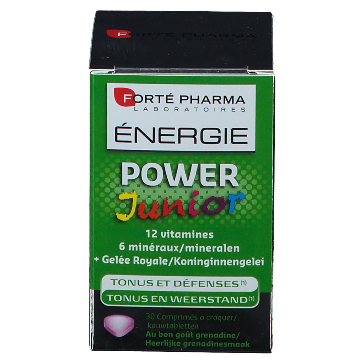 Productverpakking. Tekst: Energie Power Junior, 12 vitaminen, 6 mineralen, Gelée Royale. 30 kauwtabletten.