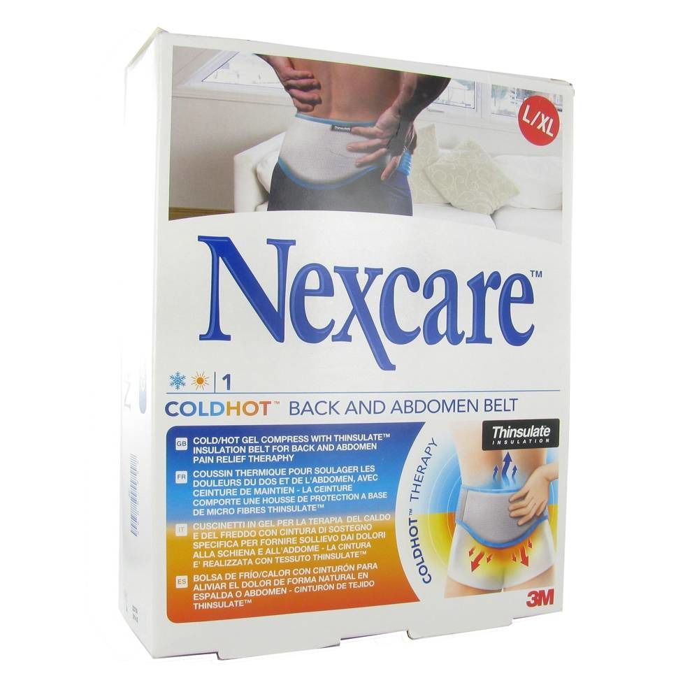Verpakking van de 3M™ Nexcare™ ColdHot™ rug- en buikband maat L-XL. Toont het product en een illustratie van het gebruik.