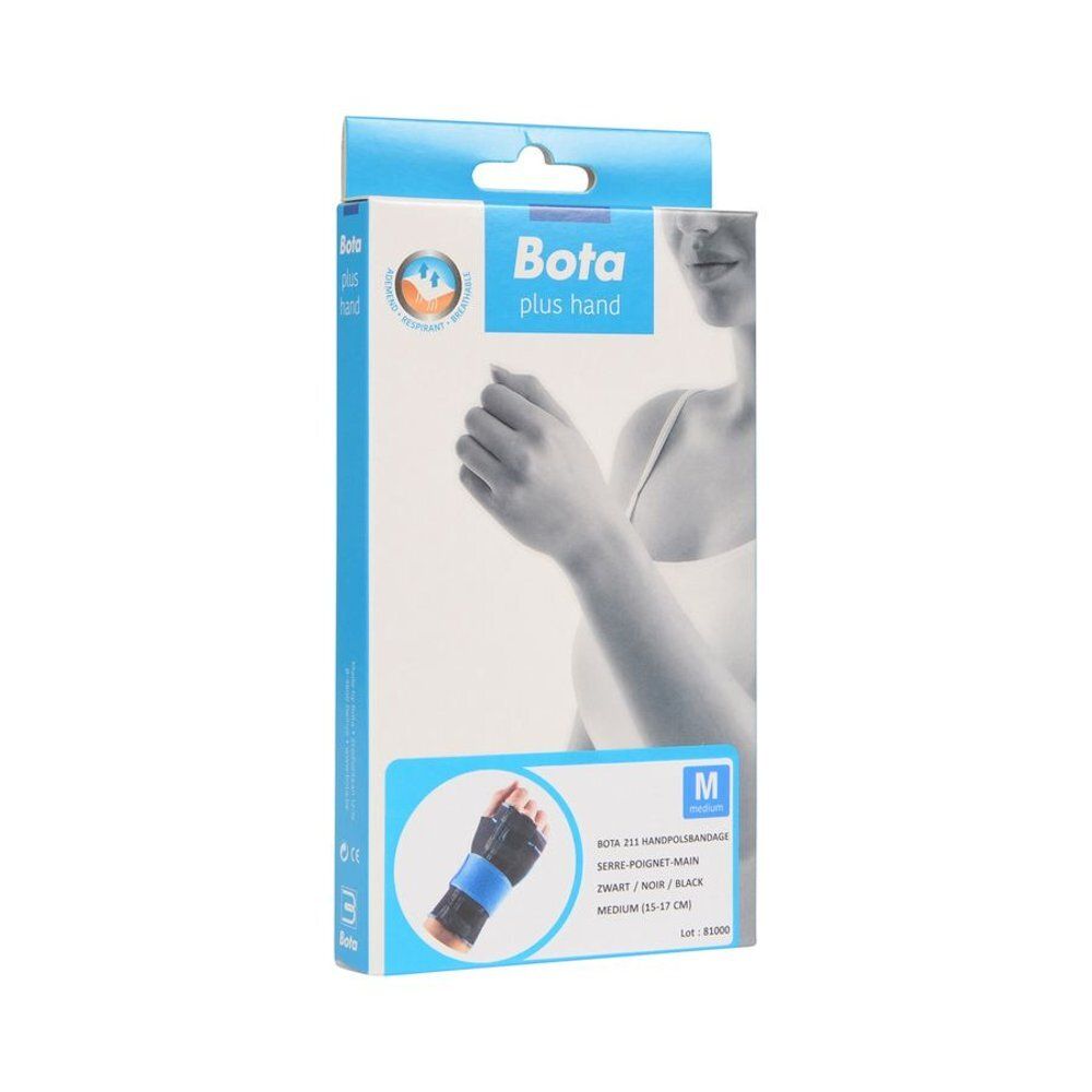 Verpakking van Bota Handgelenkbandage 211 Zwart Gr. M. Afbeelding van de bandage op de pols. Maat M.