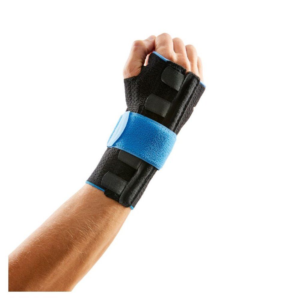 Attelle de poignet noire et bleue. Fermetures velcro, support de poignet. Portée sur le poignet.