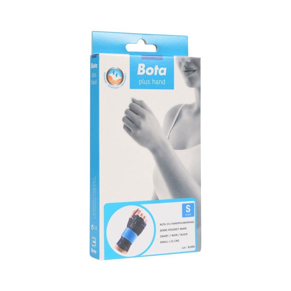 Emballage d'attelle de poignet. Boîte bleue et blanche avec image du produit et nom.