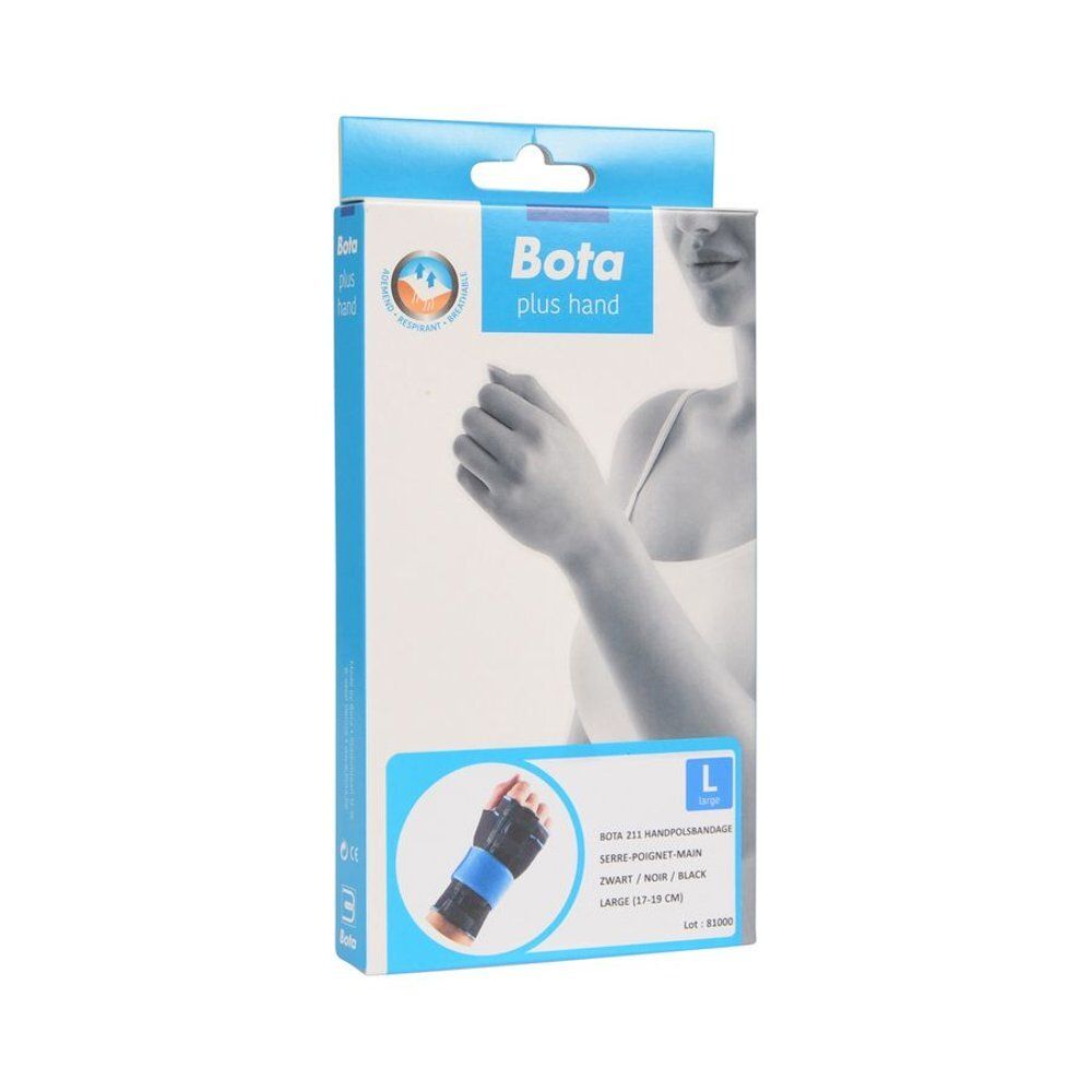 Verpakking Bota plus hand. Pols-handbandage 211 Noir Large. Blauw-zwarte bandage, maat L. Opschrift: Bota, logo, productnaam.