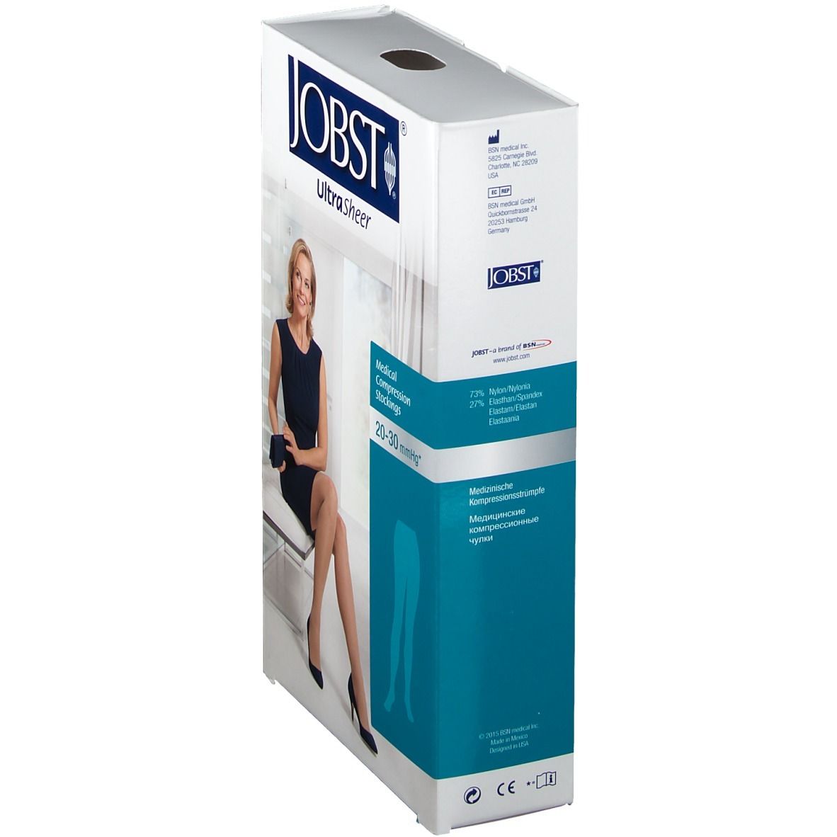 Boîte de bas de compression JOBST Ultrasheer. Inscription : JOBST, Medical Compression Stockings 20-30 mmHg. Informations produit au dos.