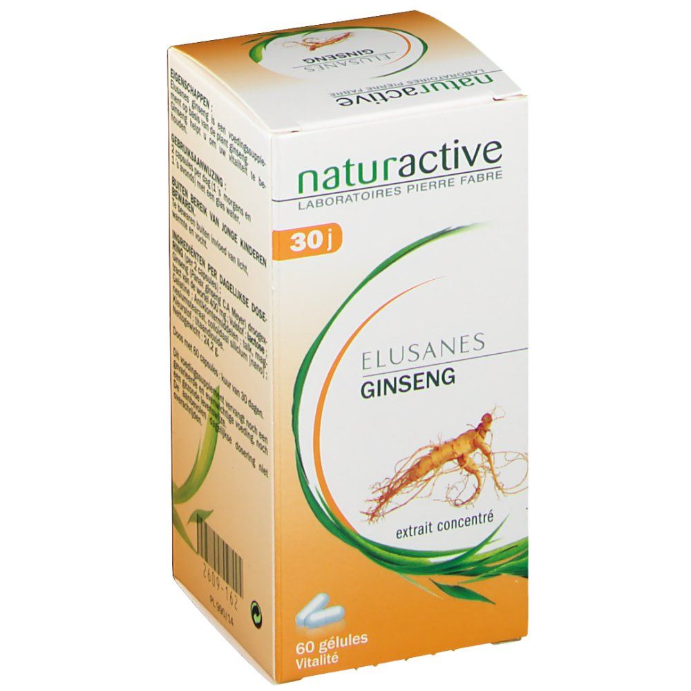 Boîte de gélules Elusanes Ginseng. Inscription: Naturactive, 30 j, 60 gélules. Illustration d'une racine de ginseng.