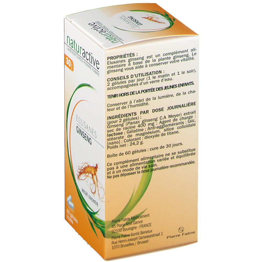 Dos de l'emballage Elusanes Ginseng. Texte en français. Contient des informations sur les ingrédients et l'utilisation.
