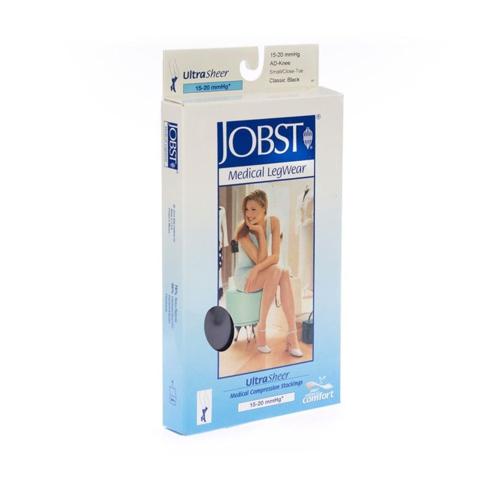 Boîte JOBST Medical LegWear. Inscription: UltraSheer, 15-20 mmHg, AD-Knee, SmartClose Toe, Classic Black.