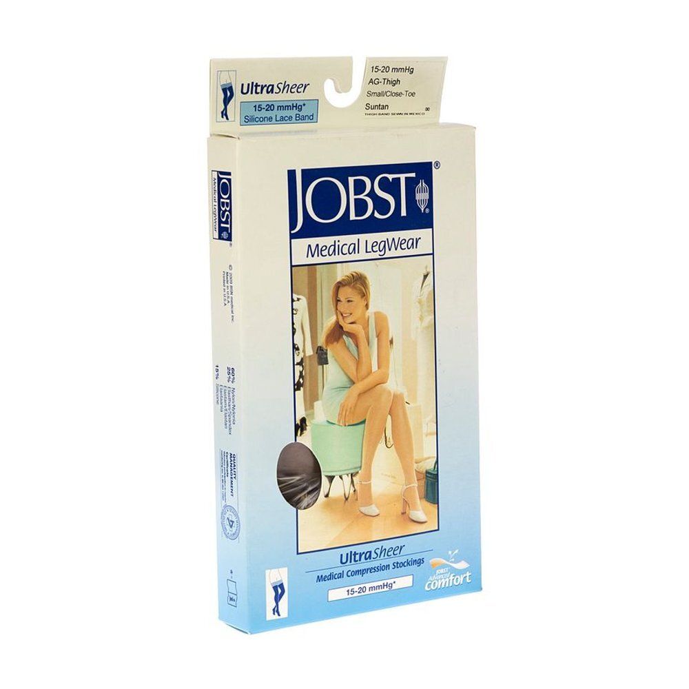 Verpakking met compressiekousen. Merk JOBST. Transparante kousen afgebeeld. Tekst: Medical Legwear. Kleur: Suntan. Druk: 15-20 mmHg.