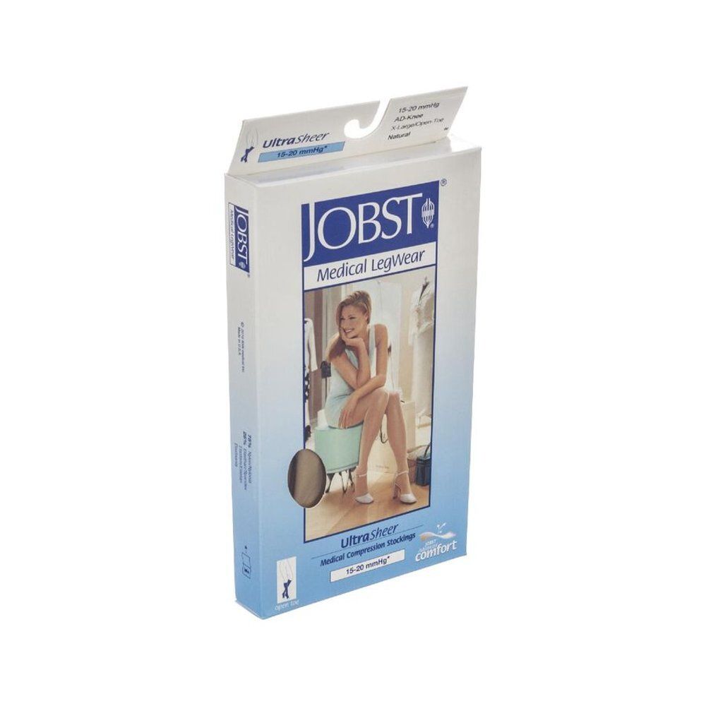 Boîte de JOBST Medical Legwear. Inscription UltraSheer, 15-20 mmHg, Comfort. Illustration d'une femme portant des bas.