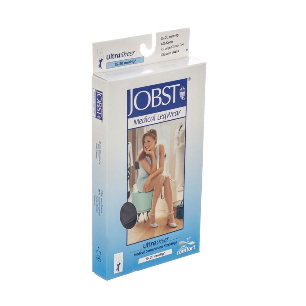 Verpakking van JOBST Medical Legwear. Bevat compressiekousen. Opschrift: UltraSheer, 15-20 mmHg, Classic Black, AD-Knee, L-Large/Chausse. Vrouw op de verpakking.