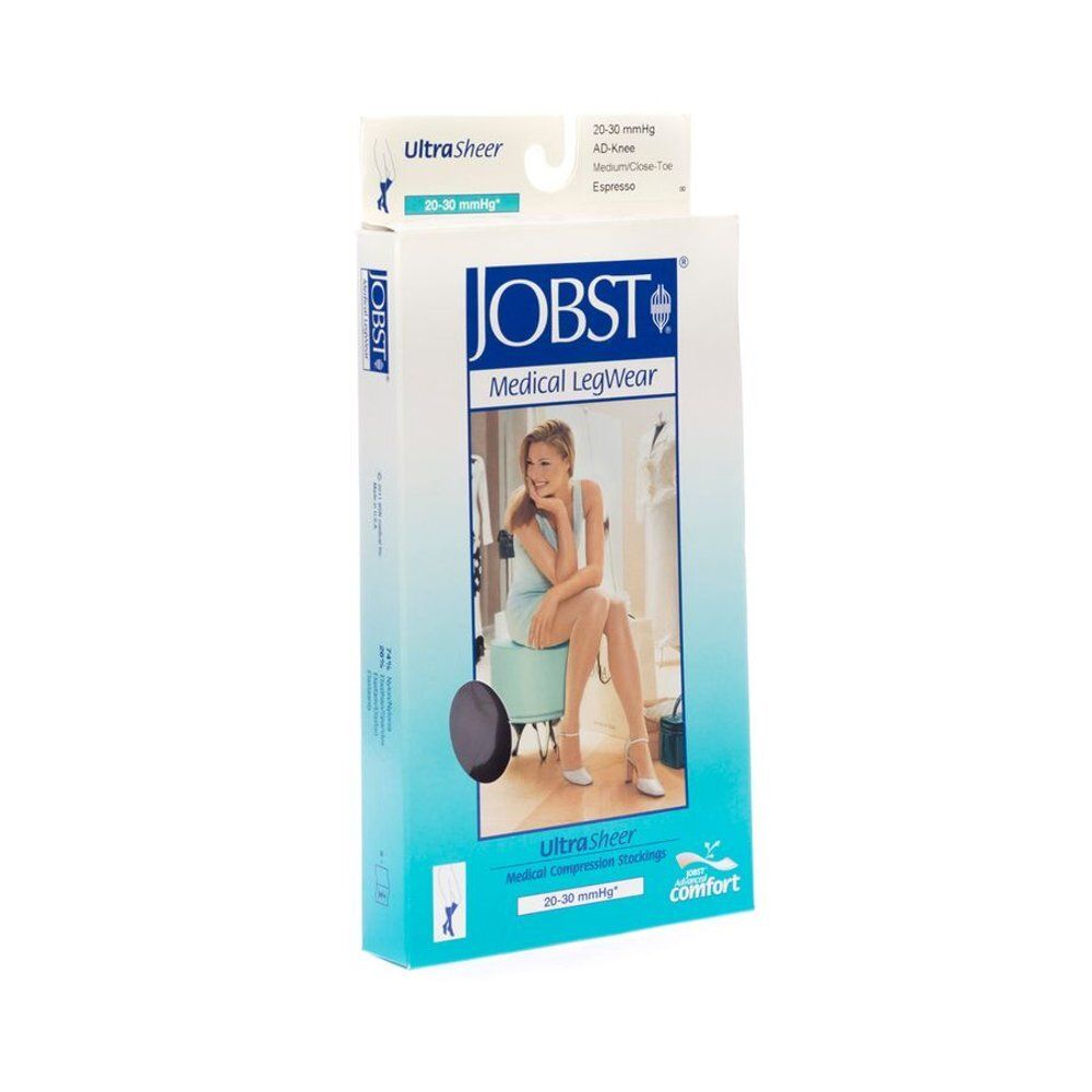 Verpakking van JOBST Medical LegWear. Opschrift: UltraSheer, 20-30 mmHg, AD-Knee, Medium/Closed Toe, Espresso. Vrouw op de verpakking.