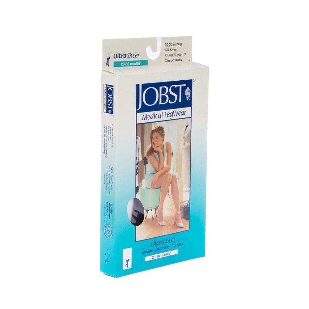 Verpakking van JOBST Medical LegWear. Bevat kniekousen. Opschriften: UltraSheer, 20-30 mmHg, XL, Classic Black.