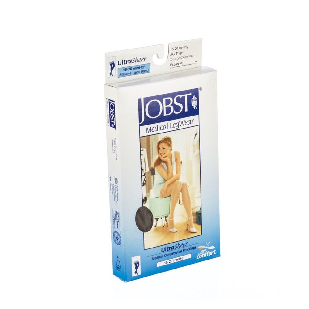 Boîte de JOBST Medical Legwear. Inscription: UltraSheer, 15-20 mmHg, dentelle silicone. Illustration: femme avec bas.