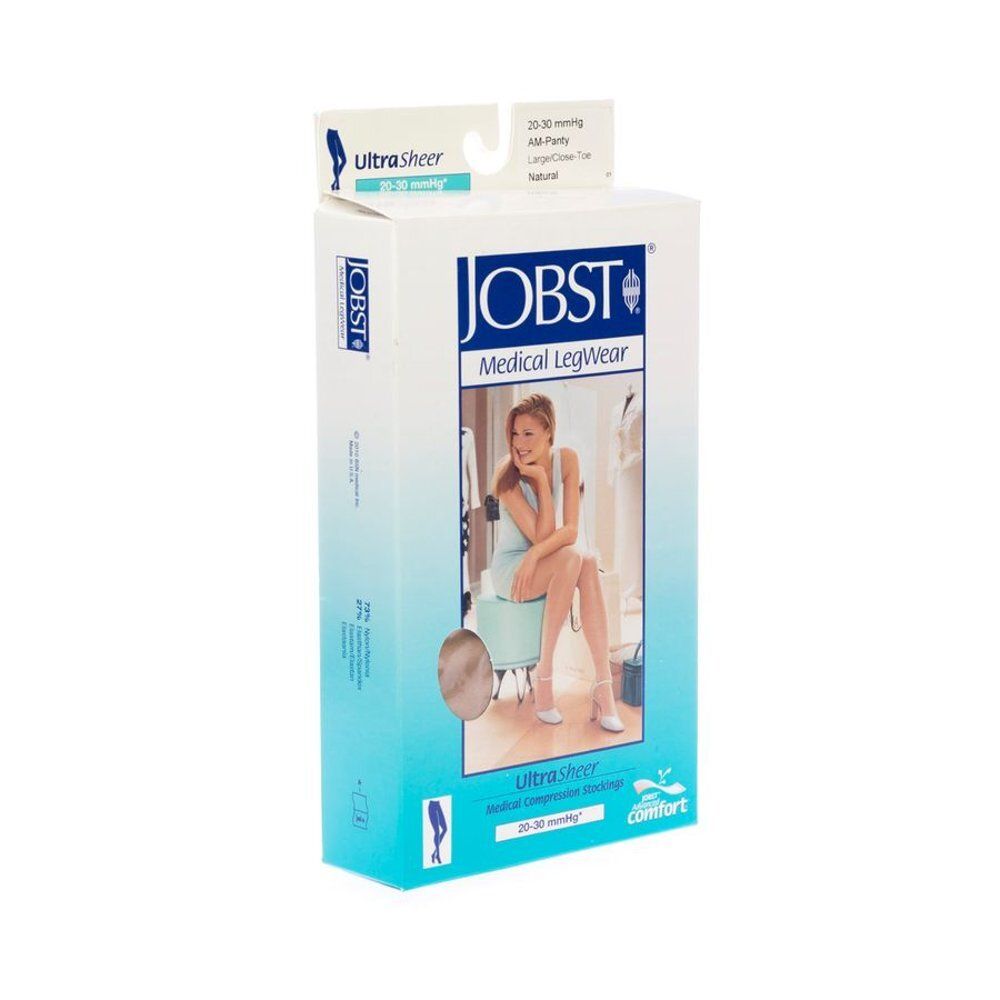 Boîte JOBST Medical LegWear. Inscription: UltraSheer, 20-30 mmHg, Large/Closed Toe, Natural. Femme sur l'emballage.