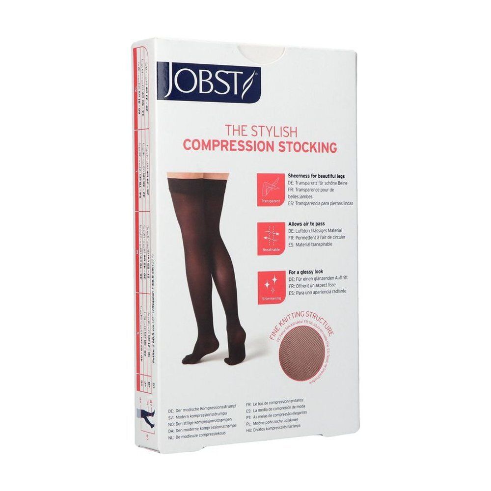 Jobst Ultrasheer Kl2 Thigh Stocking Black S. Boîte avec bas de compression. Bas noir sur fond blanc.