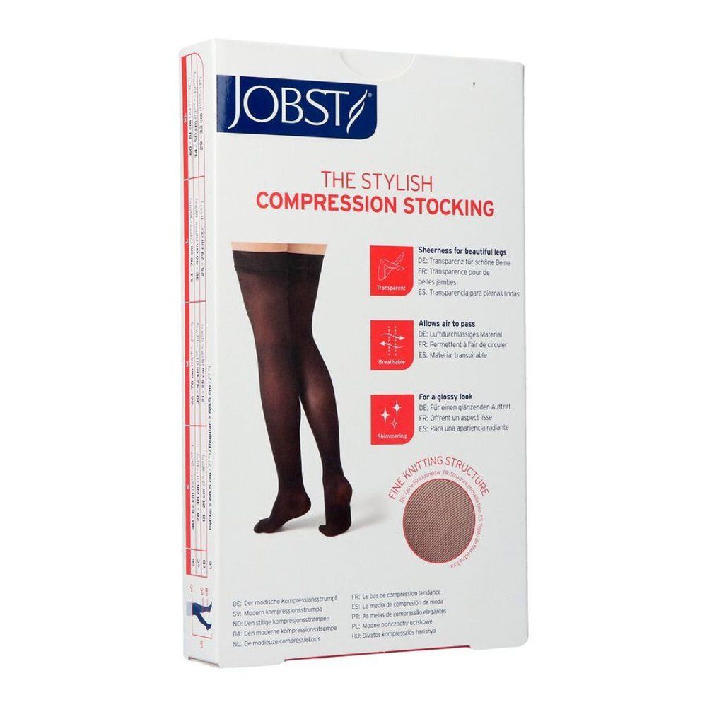 Jobst Ultrasheer Kl2 Thigh Stocking Black S. Boîte avec bas de compression. Bas noir sur fond blanc.