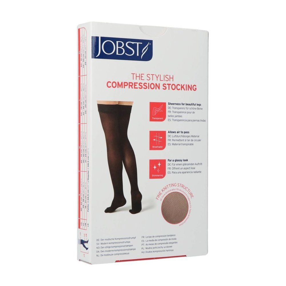 Verpakking met JOBST compressiekousen. Model: The Stylish Compression Stocking. Zwarte kousen op een afbeelding. Eigenschappen: fijn gebreid.