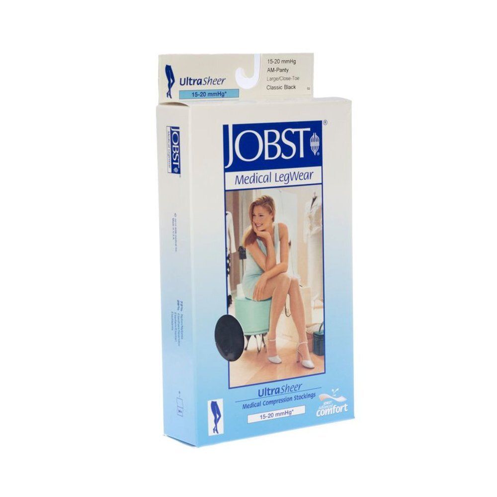 Verpakking van JOBST Ultrasheer Comfort C1 Panty. Zwarte compressiekousen, 15-20 mmHg, Classic Black. Vrouw op de verpakking.