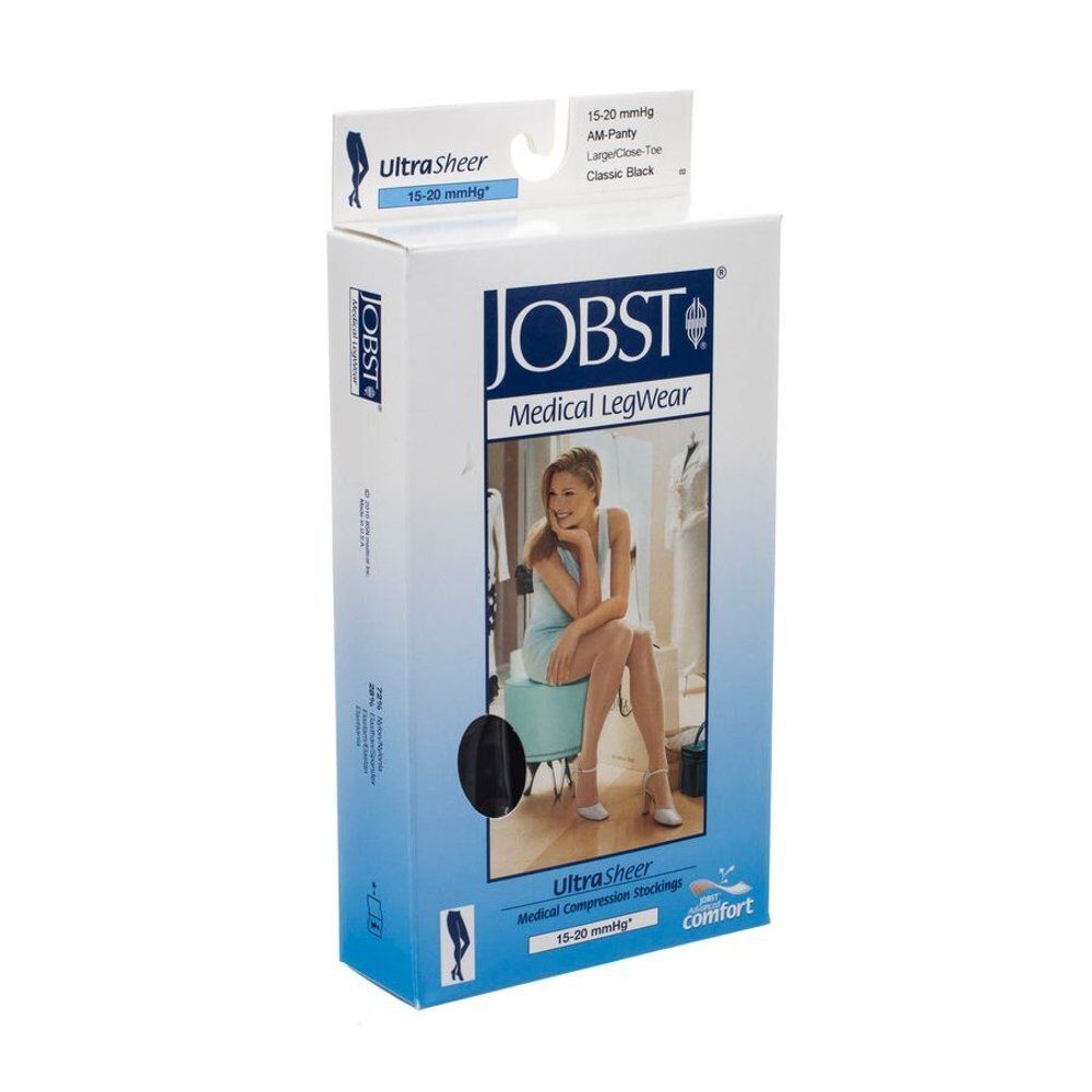 Boîte de JOBST Ultrasheer Comfort C1 Panty. Bas de compression noirs, 15-20 mmHg, Classic Black. Femme sur l'emballage.