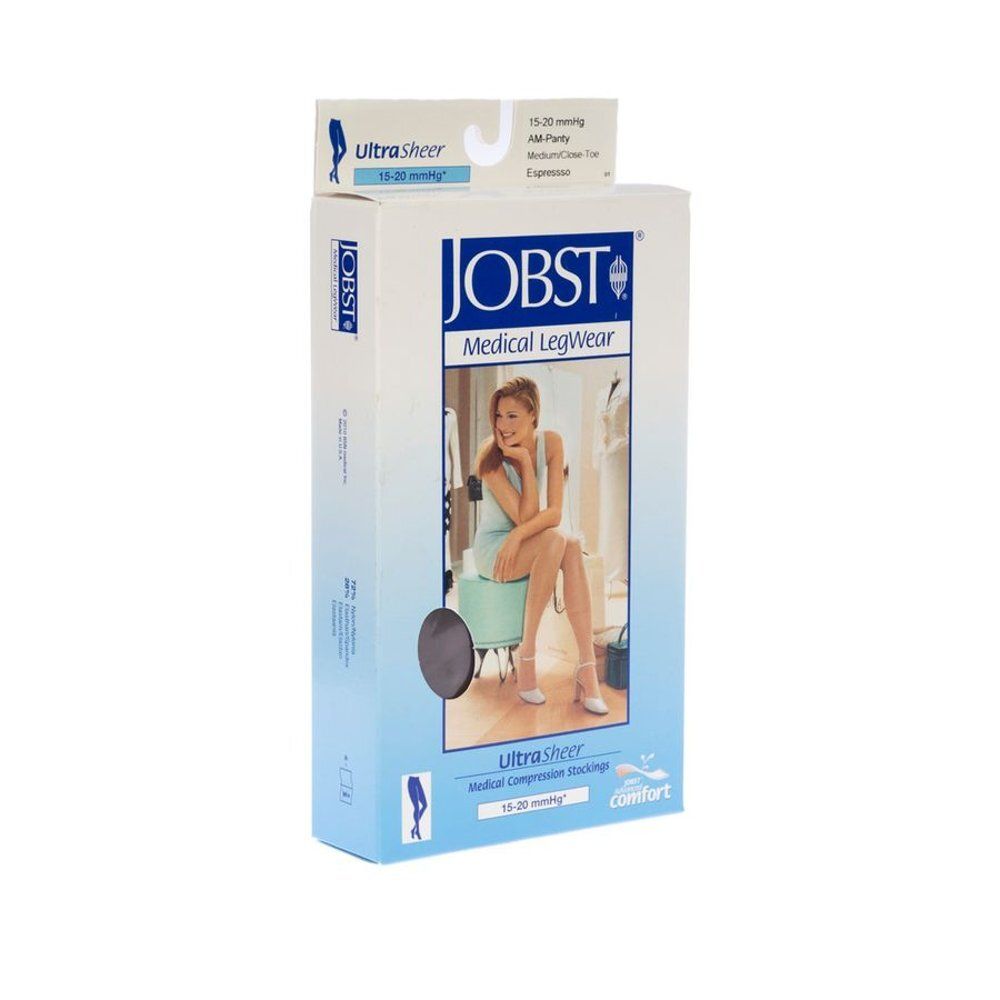 Verpakking JOBST Medical LegWear. Opschrift UltraSheer, 15-20 mmHg, halve panty, Medium/Klasse 1, Espresso. Afbeelding van een vrouw.