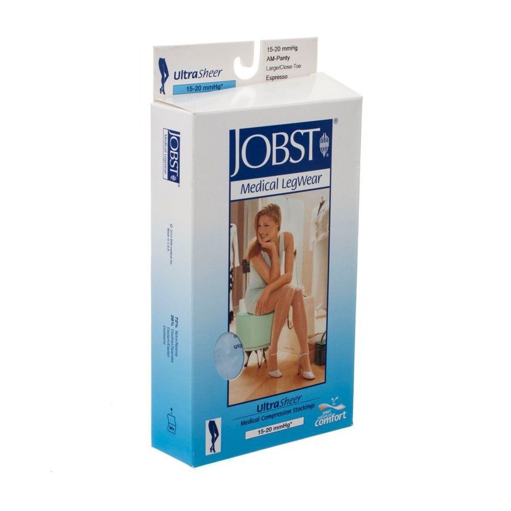 Verpakking van JOBST Medical Legwear. Vrouw met kousen. Opschriften: UltraSheer, 15-20 mmHg, Espresso. Jobst Medical Legwear.