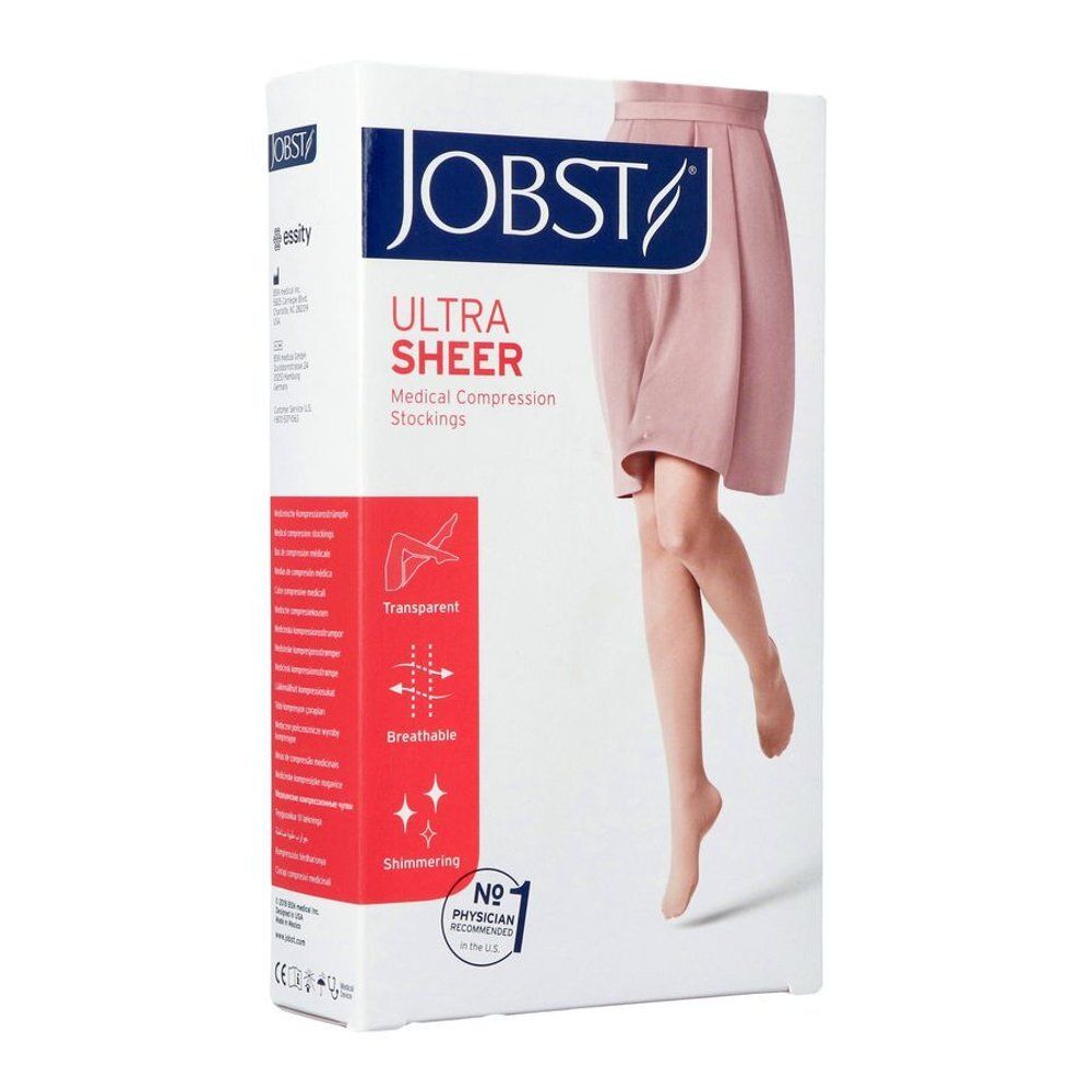 Jobst Ultrasheer Comfort C1 Panty Suntan M. Boîte de bas de compression. Visuel : jambe portant un bas. Transparent, respirant, couleur chair.