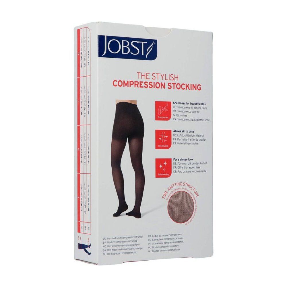 Boîte Jobst. Bas de compression noir. Caractéristiques : maille fine, aspect brillant, respirant, transparent.