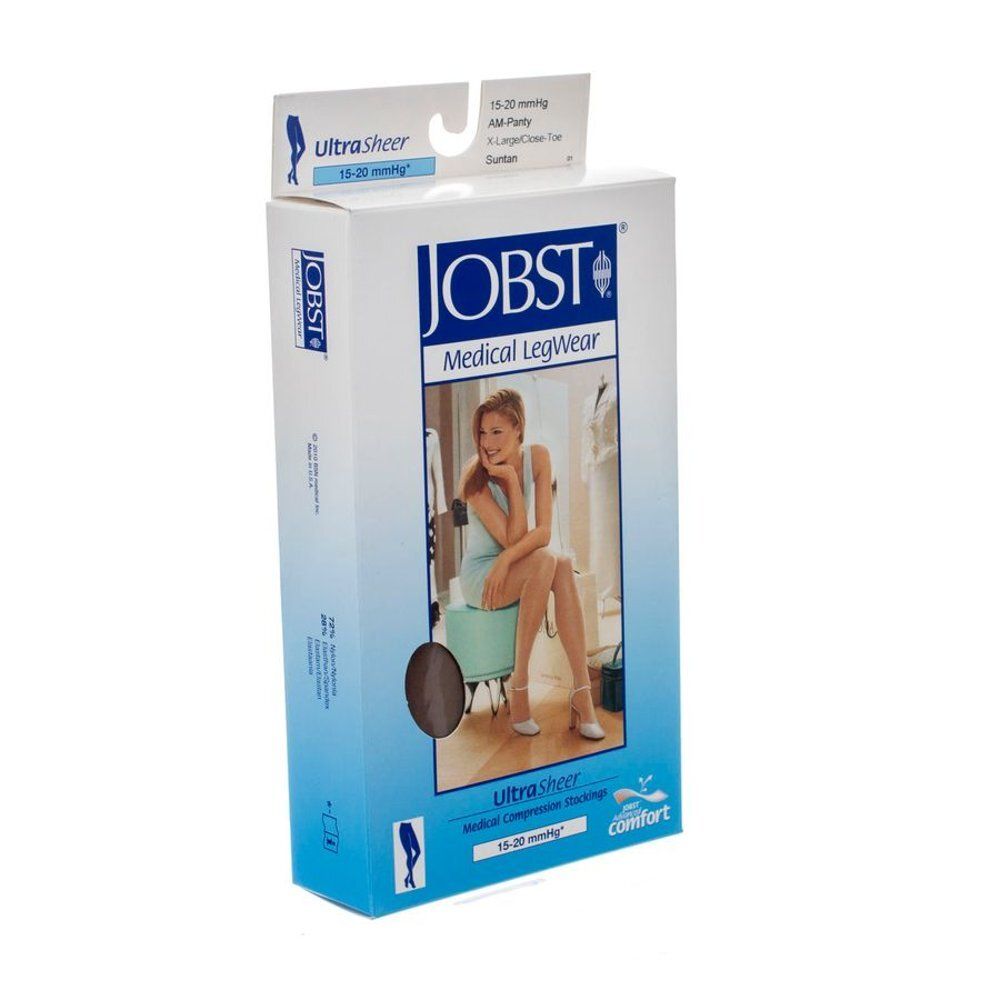 Boîte Jobst. Bas de compression médicale. Femme assise. Nom et caractéristiques du produit sur l'emballage.