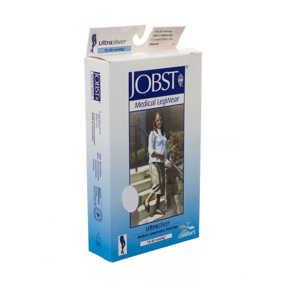 Boîte JOBST UltraSheer Medical LegWear. Femme portant des bas. Bas de compression médicale 15-20 mmHg.