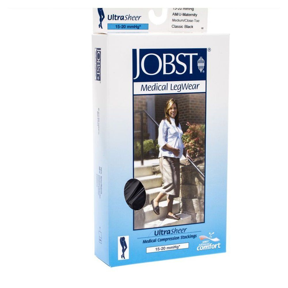 Verpakking JOBST Medical LegWear. Zwarte kousen, 15-20 mmHg, voor zwangerschap. Klassiek, zwart.