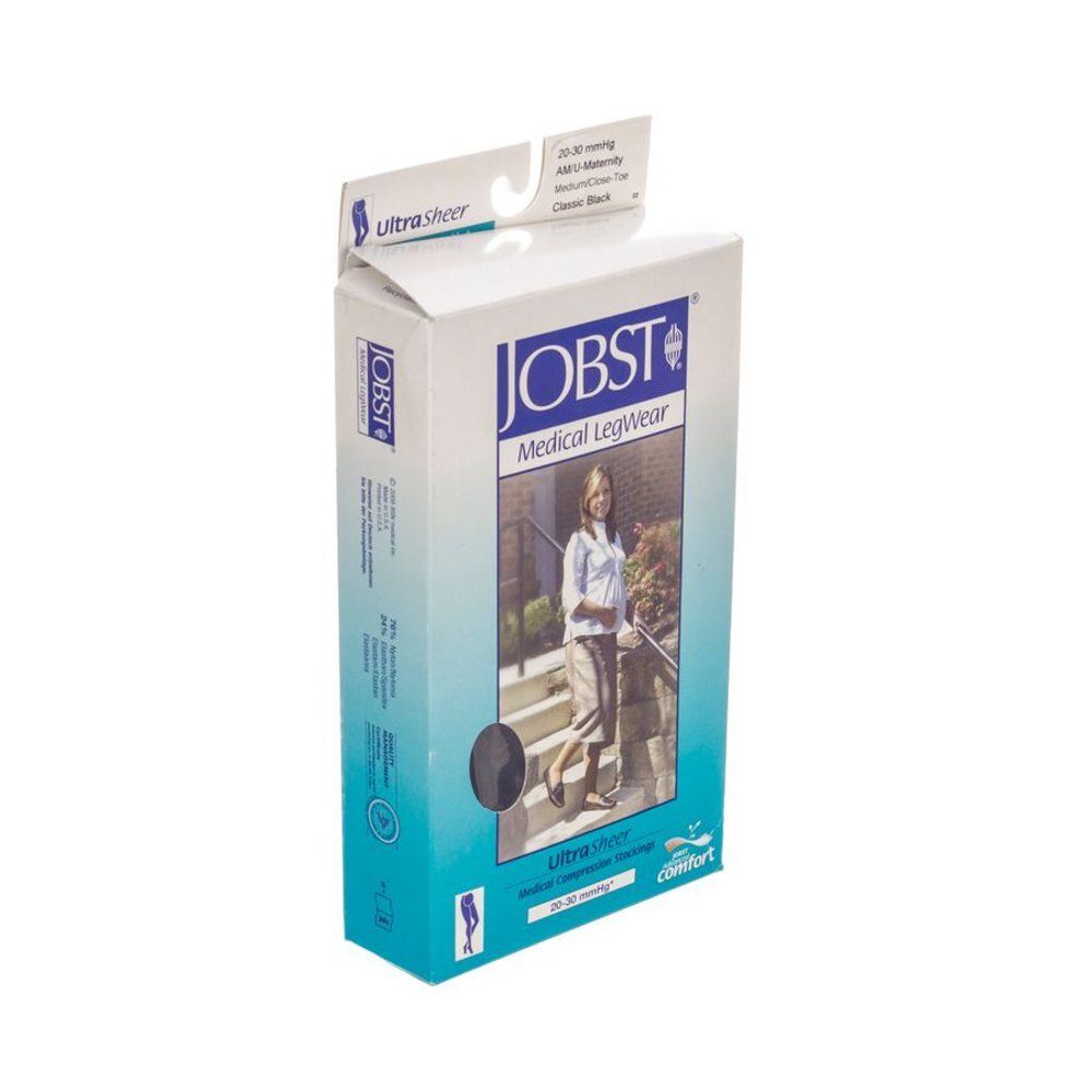 Boîte de JOBST Medical Legwear. Inscription: UltraSheer, Classic Black, 20-30 mmHg. Image d'une femme.