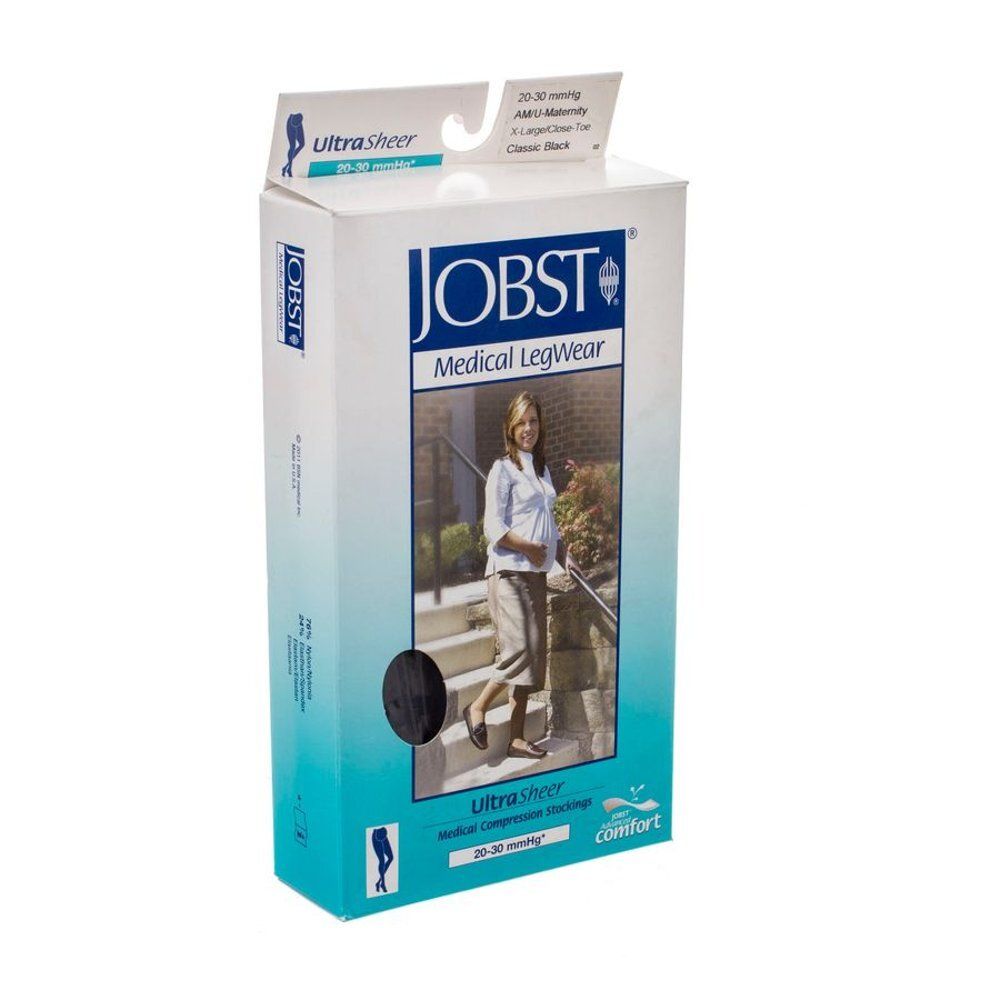 Emballage JOBST Medical Legwear. Femme enceinte sur l'emballage. Texte: UltraSheer, 20-30 mmHg, AMU Maternity, Classic Black.