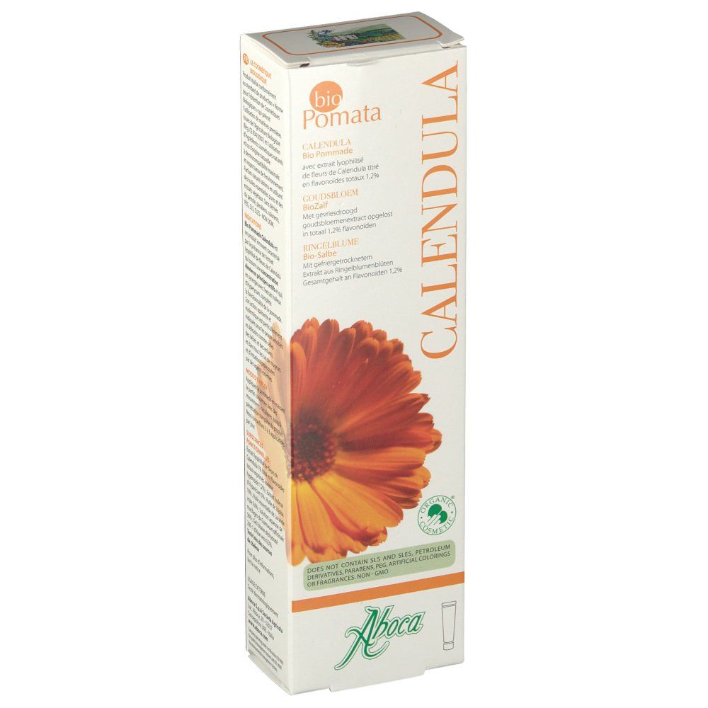 Boîte "Calendula Bio Pomata" avec logo Aboca. Illustration de calendula. Label de certification verte.