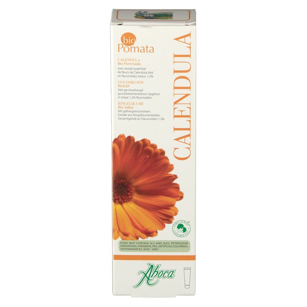 Boîte "Calendula Bio Pomata" avec logo Aboca. Illustration de calendula. Label de certification verte.
