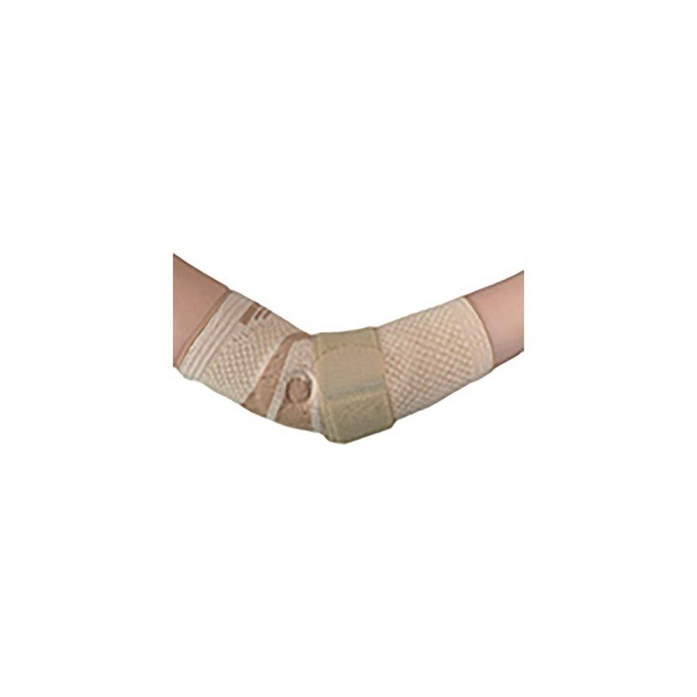 Elleboogbrace. Beige en bruine textiele brace op arm. Klittenbandsluiting.