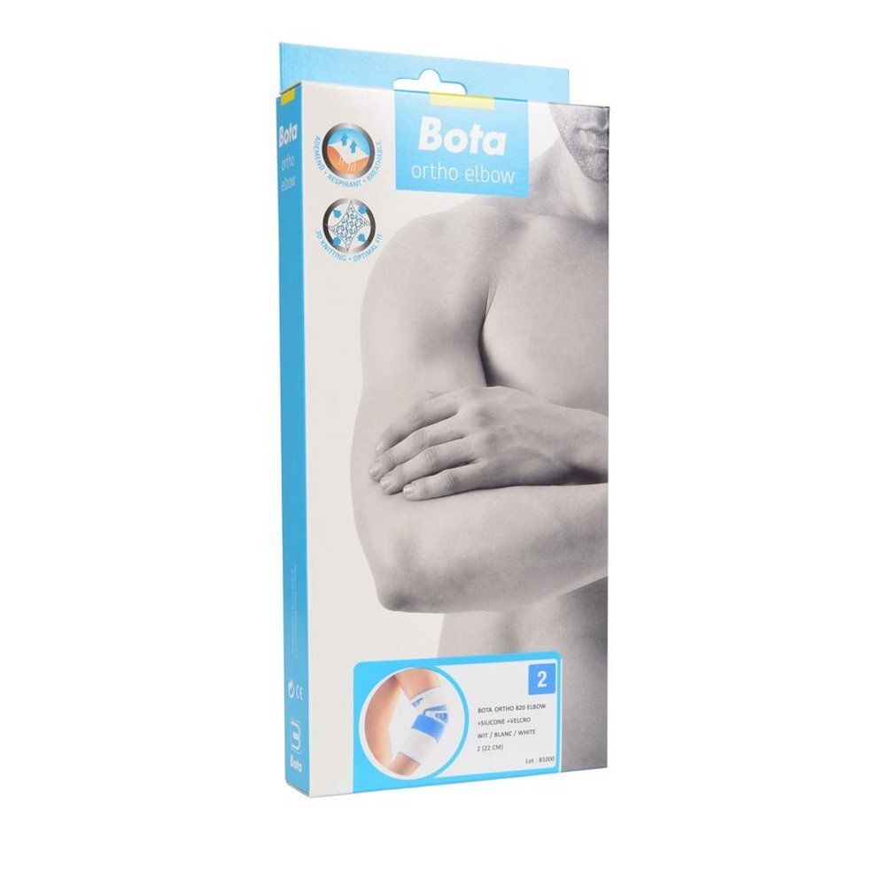 Emballage avec image du produit. Nom du produit : Bota ortho elbow. Illustration d'un homme.