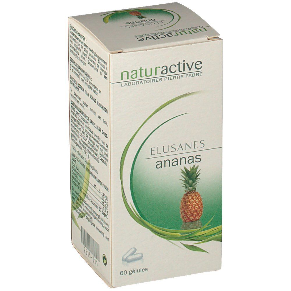 Boîte en carton avec nom du produit et illustration d'ananas. Marque : Naturactive. 60 gélules. Informations imprimées sur le produit.