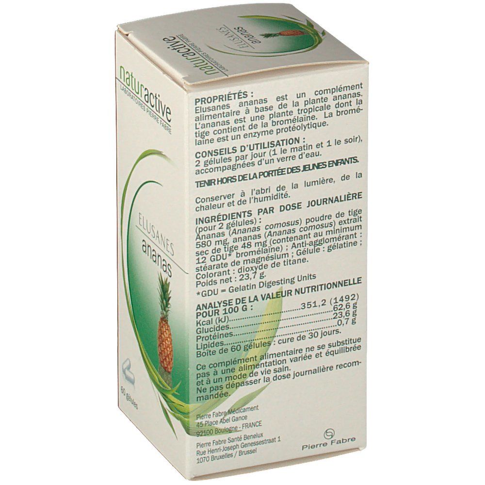 Dos de la boîte en carton avec informations sur le produit. Texte en français. Contient des informations nutritionnelles et des ingrédients.