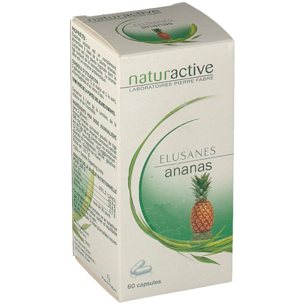 Boîte en carton avec nom du produit et illustration d'ananas. Marque : Naturactive. 60 gélules. Informations imprimées sur le produit.