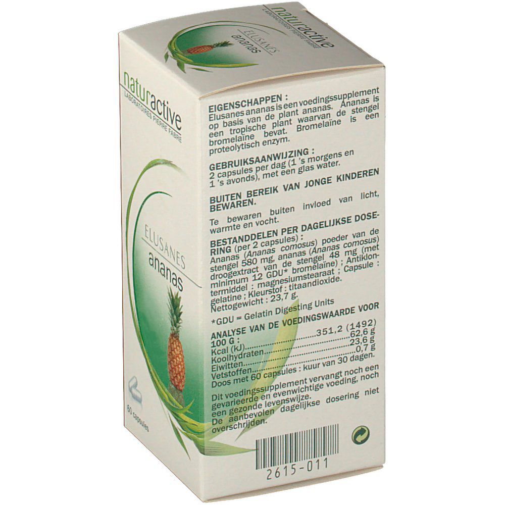 Dos de la boîte en carton avec informations sur le produit. Texte en néerlandais. Contient des informations nutritionnelles et des ingrédients.