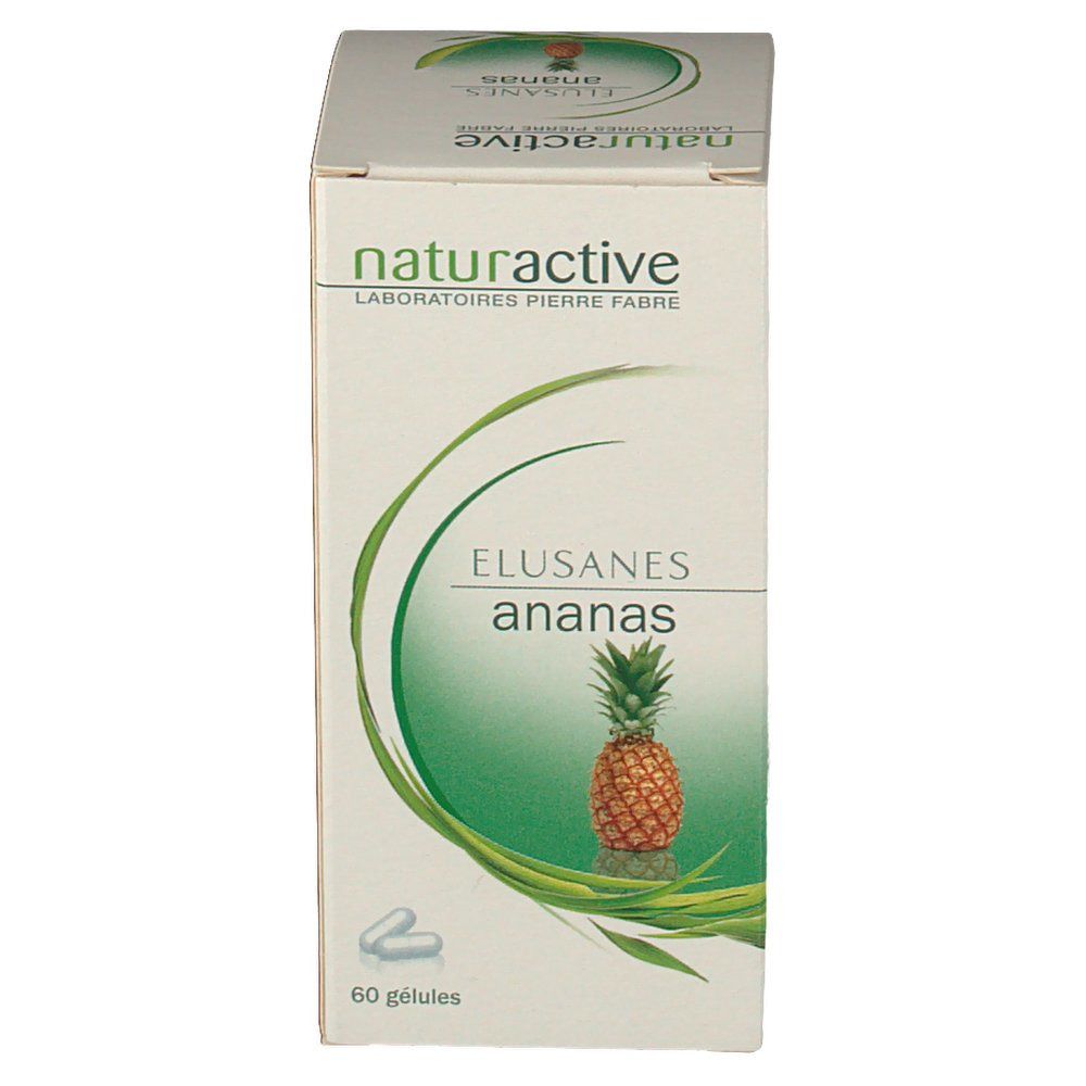 Boîte en carton avec nom du produit et illustration d'ananas. Marque : Naturactive. 60 gélules. Informations imprimées sur le produit.