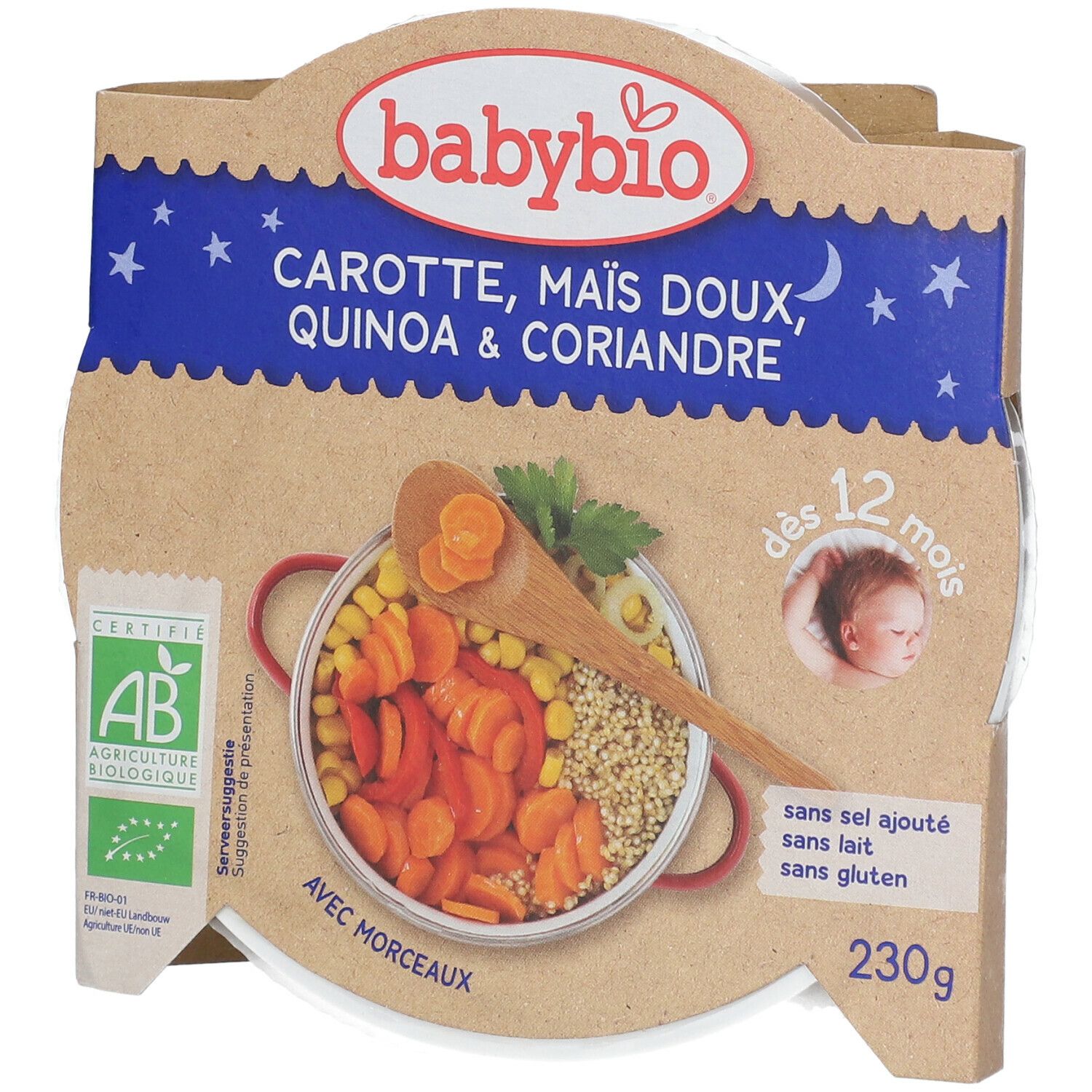 Babybio Carottes, Maïs Doux, Quinoa et Coriandre de France – Alimentation pour Bébé Bio – Repas du Soir Végétarien – Dès 12 Mois