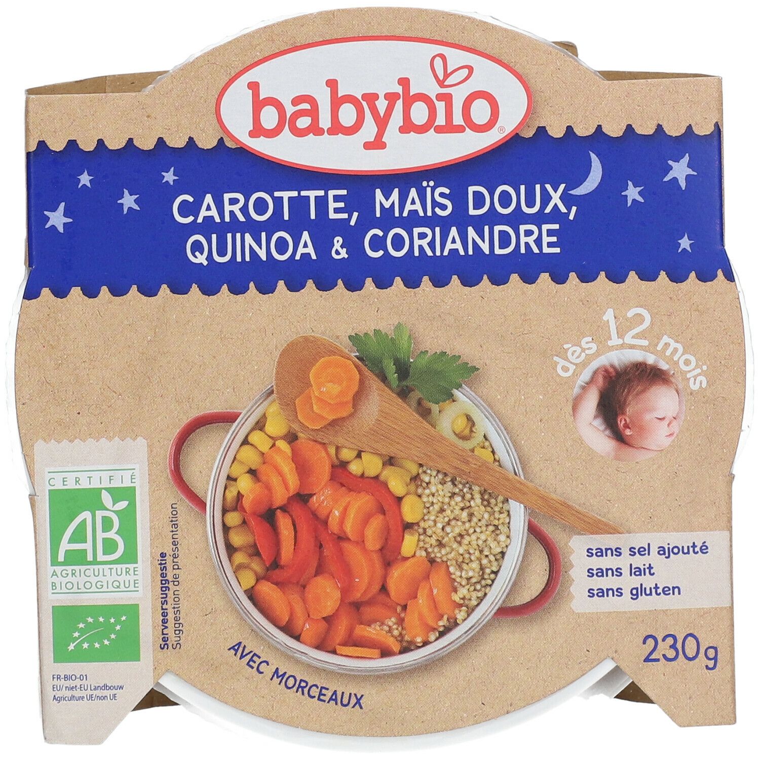 Babybio Carottes, Maïs Doux, Quinoa et Coriandre de France – Alimentation pour Bébé Bio – Repas du Soir Végétarien – Dès 12 Mois