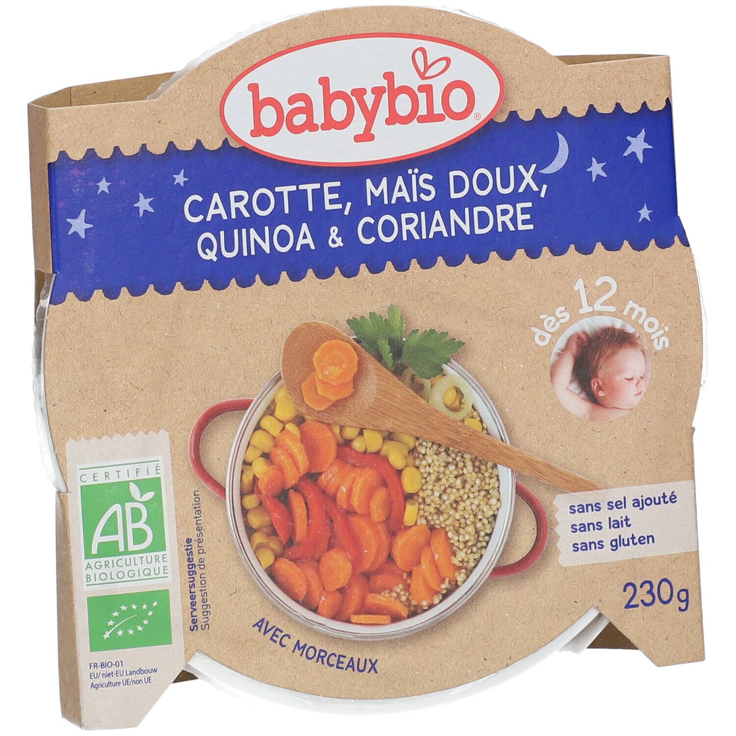 Babybio Carottes, Maïs Doux, Quinoa et Coriandre de France – Alimentation pour Bébé Bio – Repas du Soir Végétarien – Dès 12 Mois