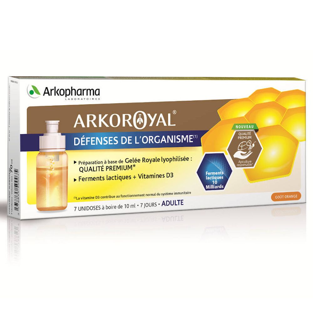 Boîte Arkopharma Arko Royal. Contient 7 unidoses. Inscription: Défenses de l'organisme, Gelée Royale, Vitamine D3. Goût orange.