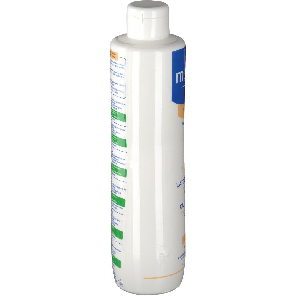 Witte fles met blauw en oranje etiket. Tekst in meerdere talen. Bevat informatie over het product.