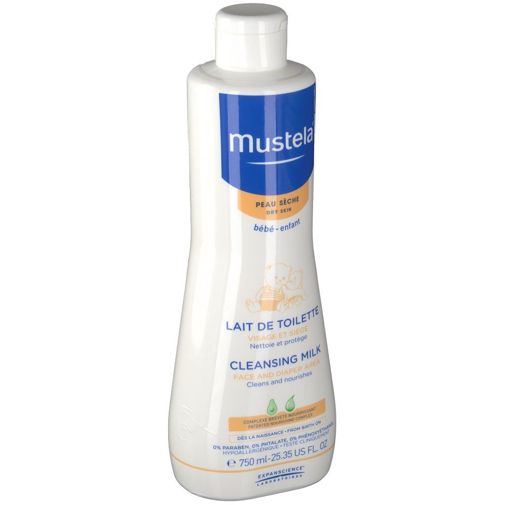 Witte fles met blauw en oranje etiket. Opschrift: mustela, Lait de Toilette, Cleansing Milk. Bevat 750 ml.
