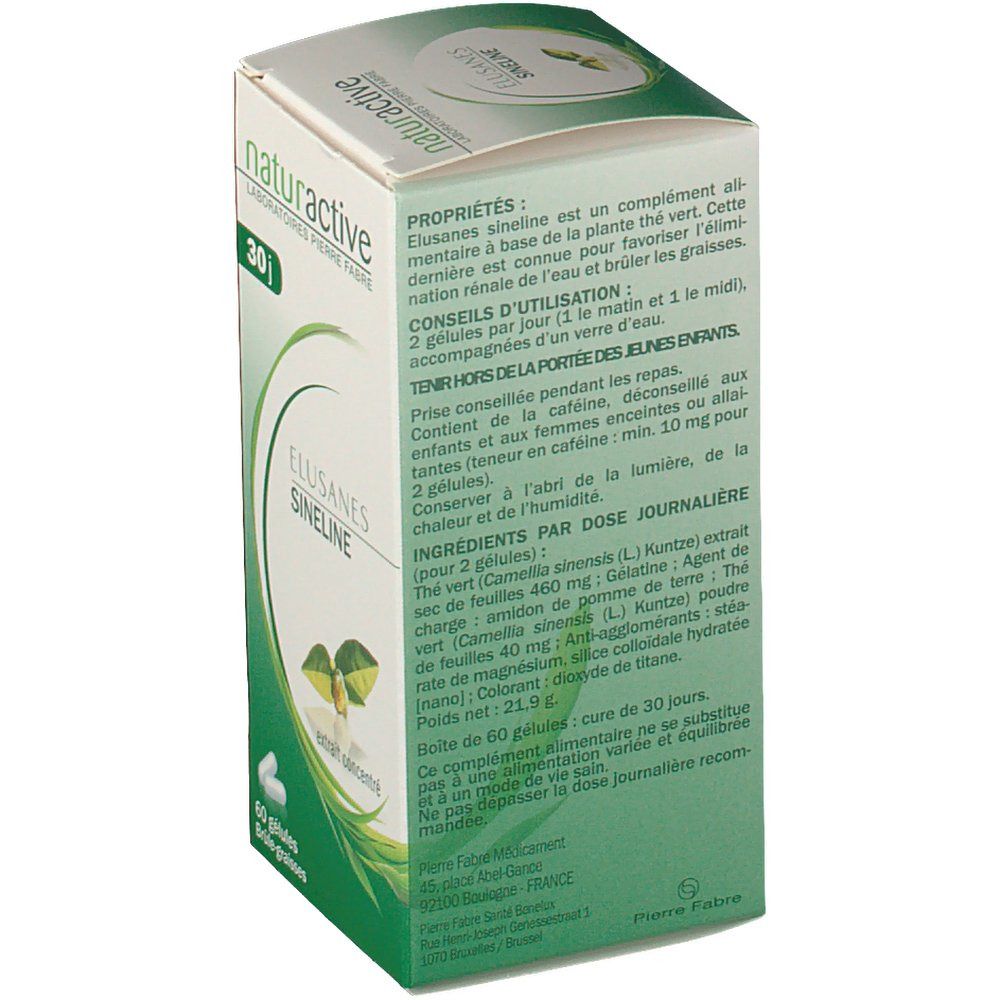 Dos de la boîte Elusanes Sineline. Texte en français. Design vert et blanc.