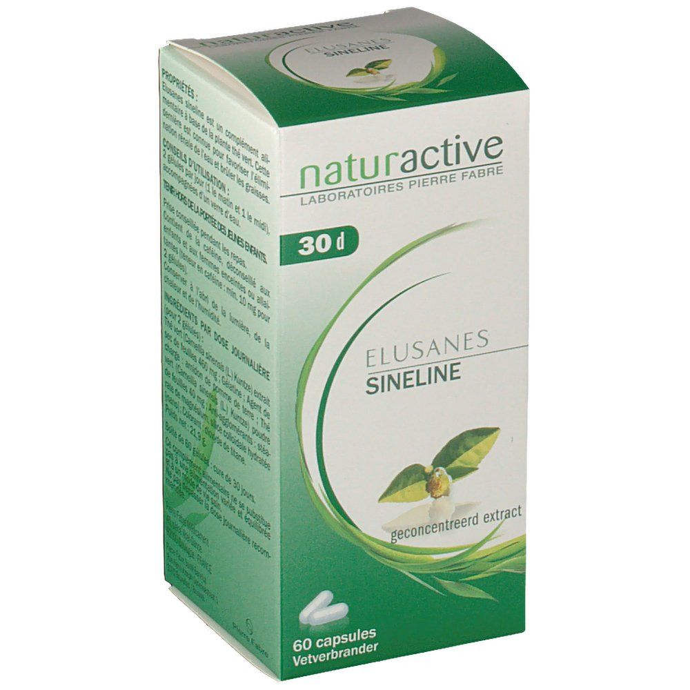 Boîte Elusanes Sineline. Inscriptions: Naturactive, 30 d, 60 capsules. Design vert et blanc.