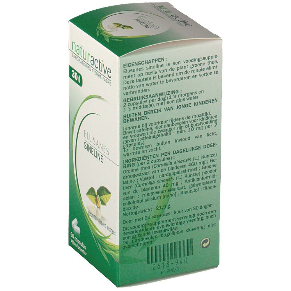 Dos de la boîte Elusanes Sineline. Texte en néerlandais. Design vert et blanc.