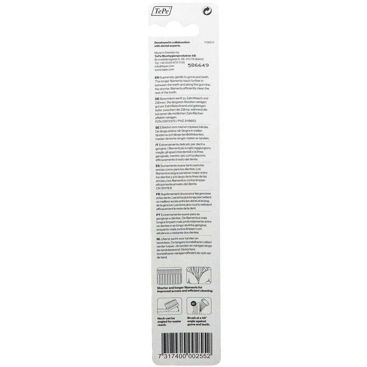 Dos de l'emballage blister. Texte et graphiques sur la brosse à dents TePe SUPREME SOFT. Informations multilingues.